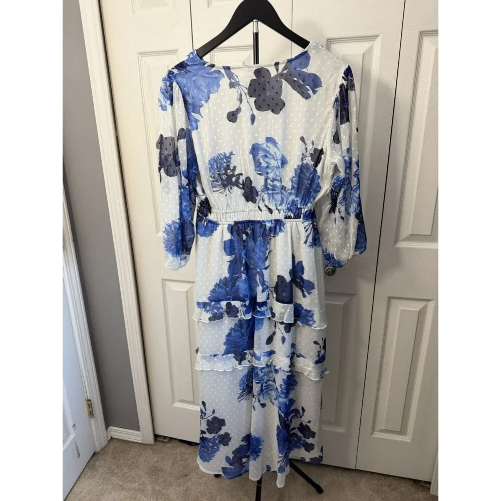 Post Stamp By Anthropologie Watercolor Tiered Maxi Dress White Blue Floral Small